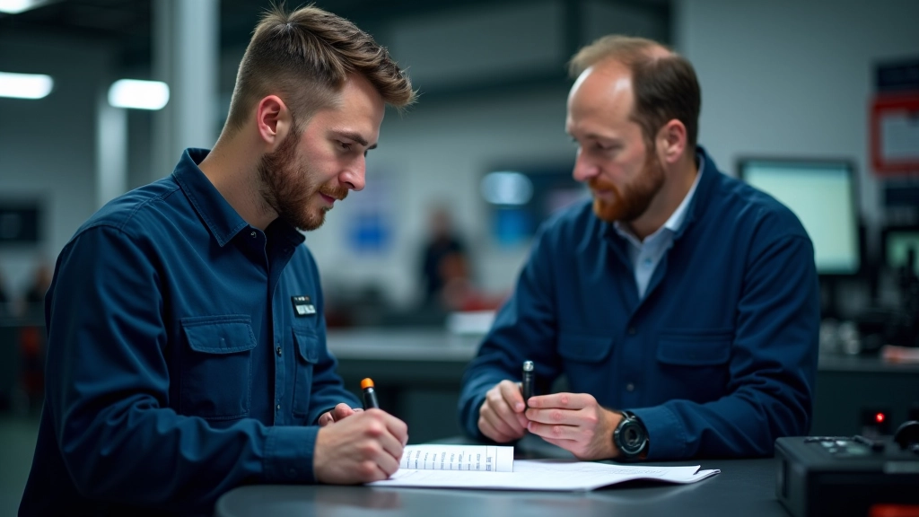 Automotive service technician reviewing fuel injector testing documentation and diagnostic reports on modern service desk with diagnostic equipment