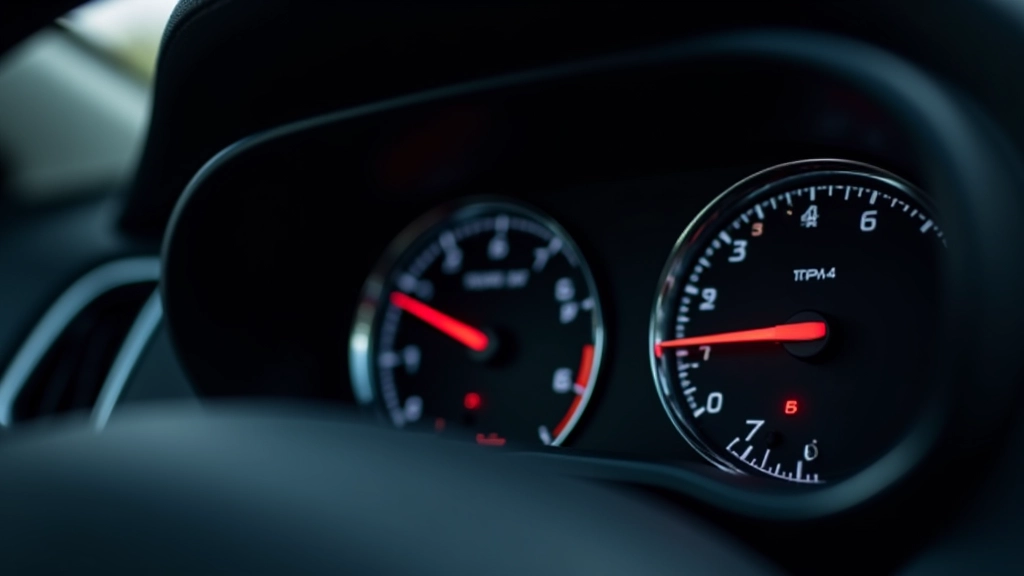 Car dashboard instrument cluster showing engine RPM gauge with tachometer needle in focus, professional interior lighting, high resolution
