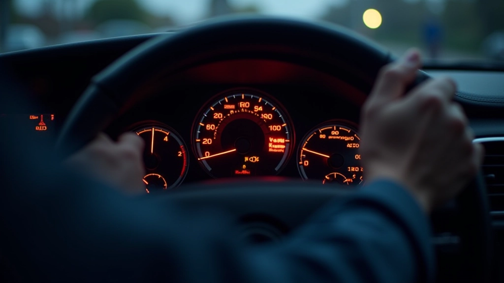 Check engine warning light illuminated on car dashboard with error code scanner connected showing diagnostic trouble codes