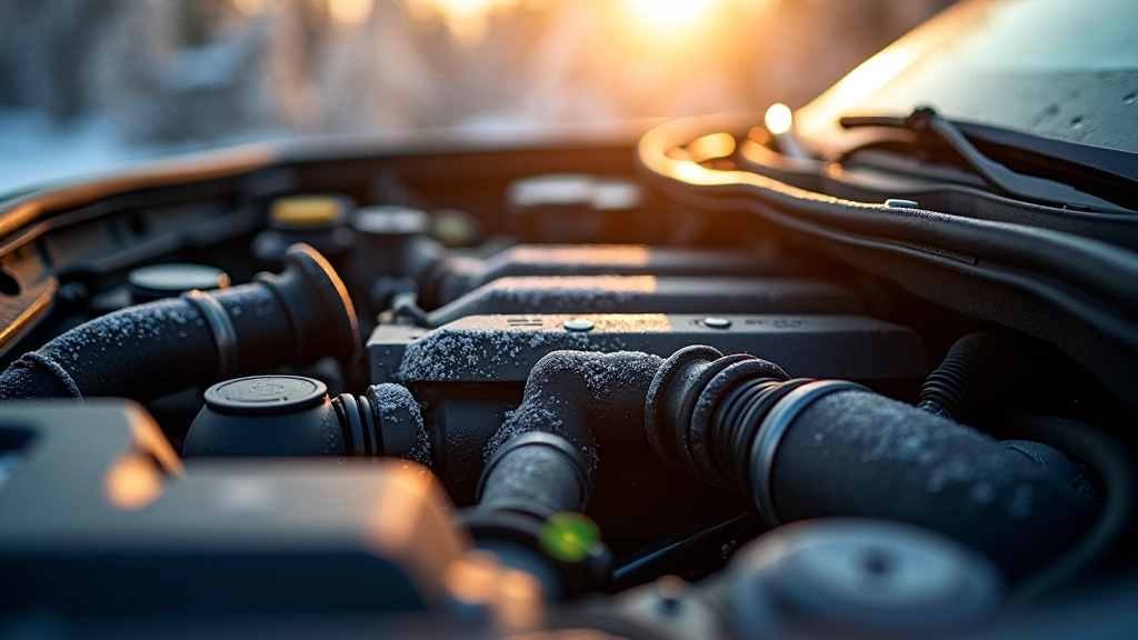 Car engine bay in morning light showing starter motor and ignition system components with frost or condensation visible on engine block