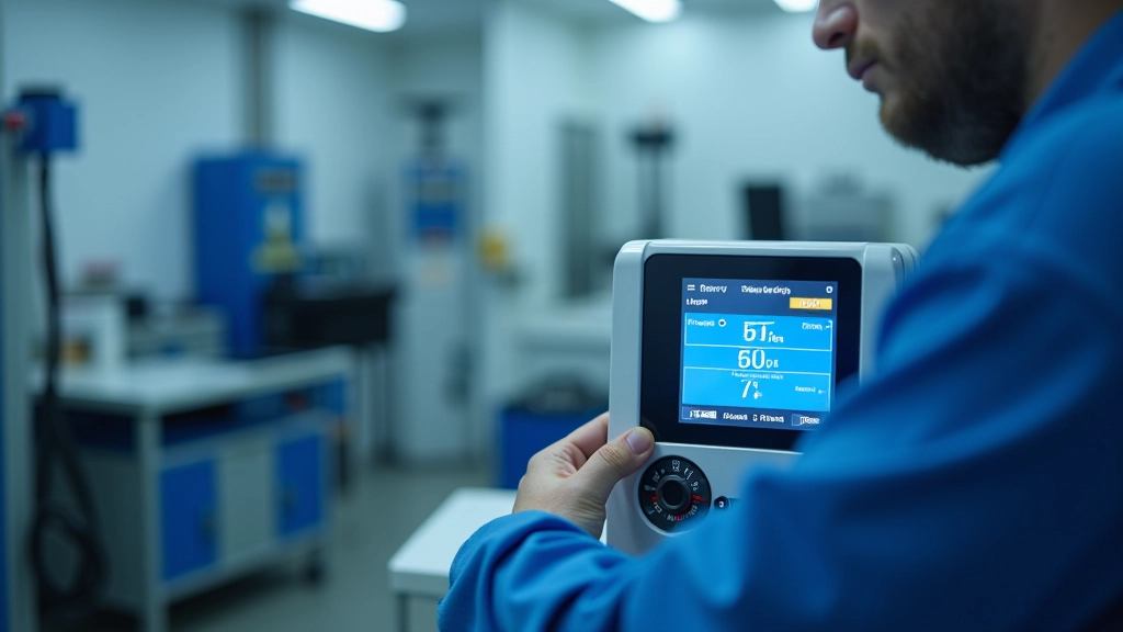 Flow rate testing machine displaying digital measurements and fuel injector performance data