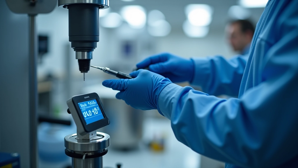 Flow rate testing machine with digital display showing fuel injector spray pattern and flow measurements in milliliters per minute