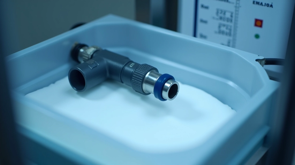 Close-up view of fuel injector mounted in test bench with collection chamber and measurement scale visible