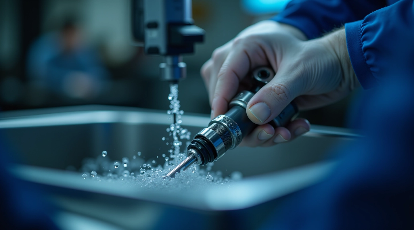 Close-up of fuel injector nozzle being cleaned with ultrasonic equipment in professional workshop