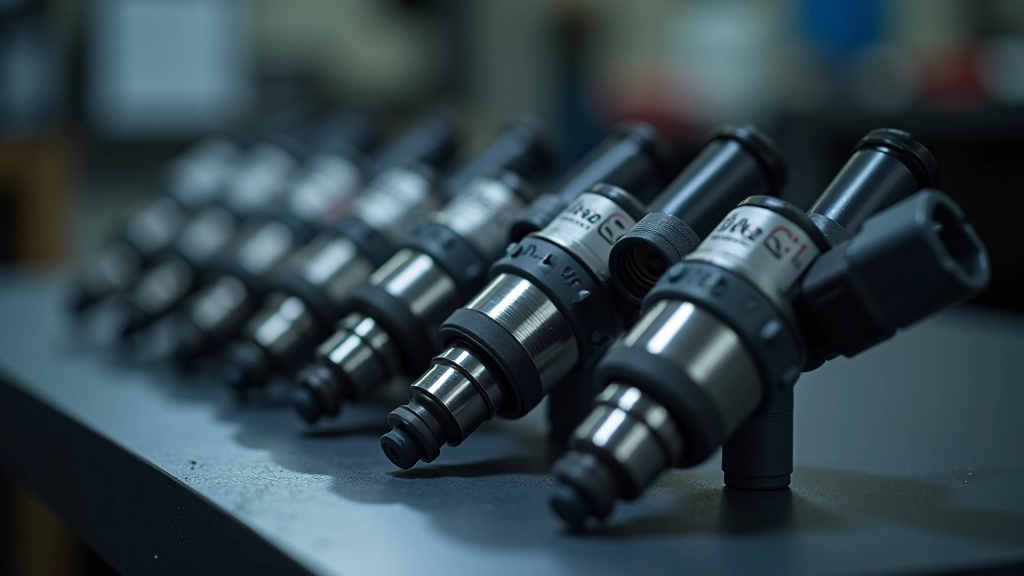 Multiple fuel injectors arranged in a row showing internal spray patterns and condition before and after cleaning
