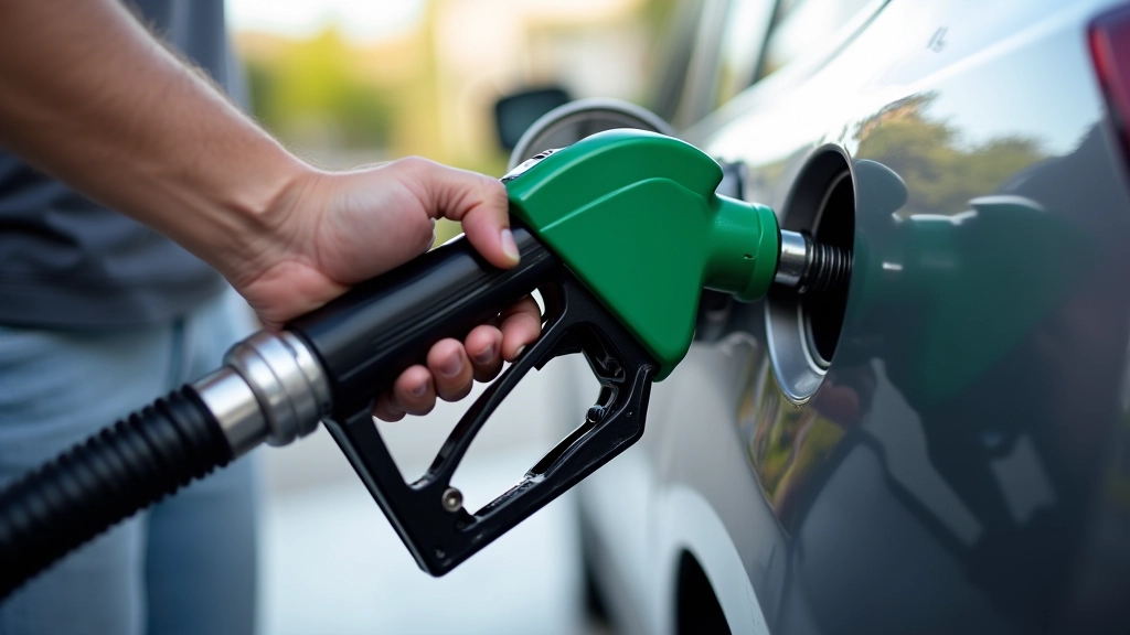 Fuel pump nozzle filling vehicle tank at gas station with price display visible in background