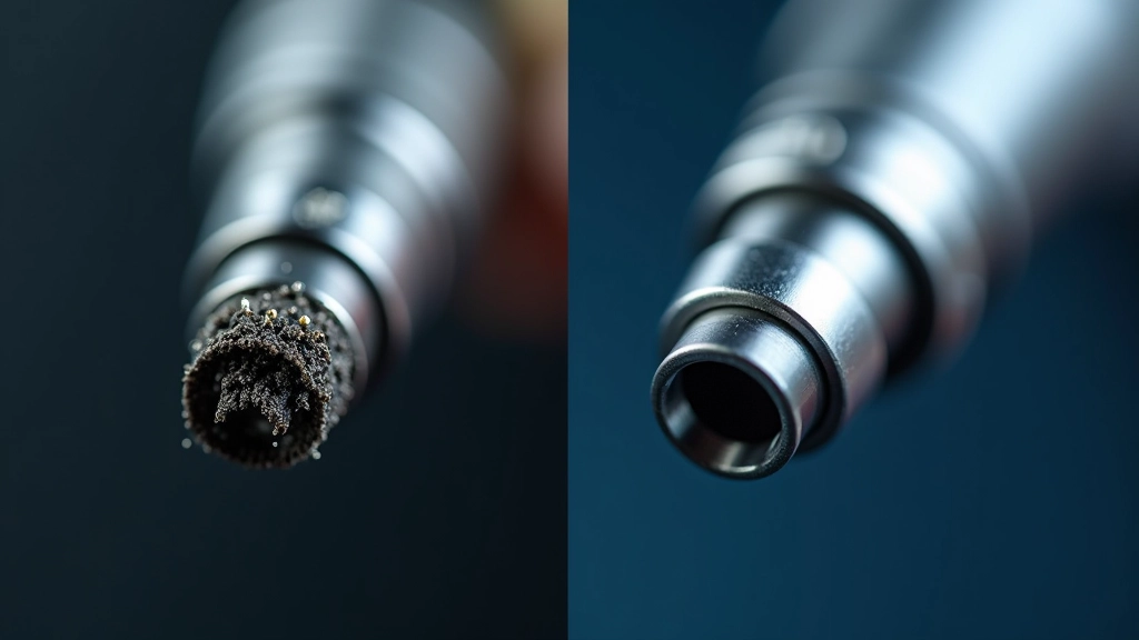Fuel injector tip magnified under microscope showing before and after cavitation cleaning, with carbon deposits on left side and clean metallic surface on right side