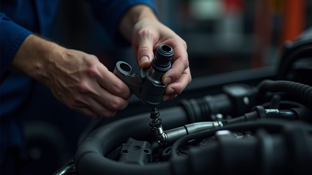 Mechanic's hands removing fuel injector from engine block with specialized tools in professional garage setting