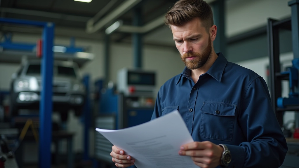 Mechanic in workshop reviewing fuel injector test report and discussing results with diagnostic equipment in background