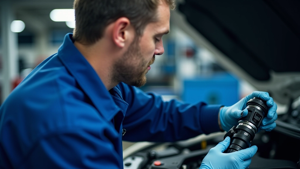 Mechanic inspecting fuel injector connections under engine hood with diagnostic tools in well-lit service bay