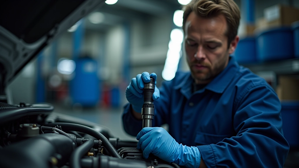 Mechanic checking fuel injector condition on engine during routine maintenance in well-lit service bay