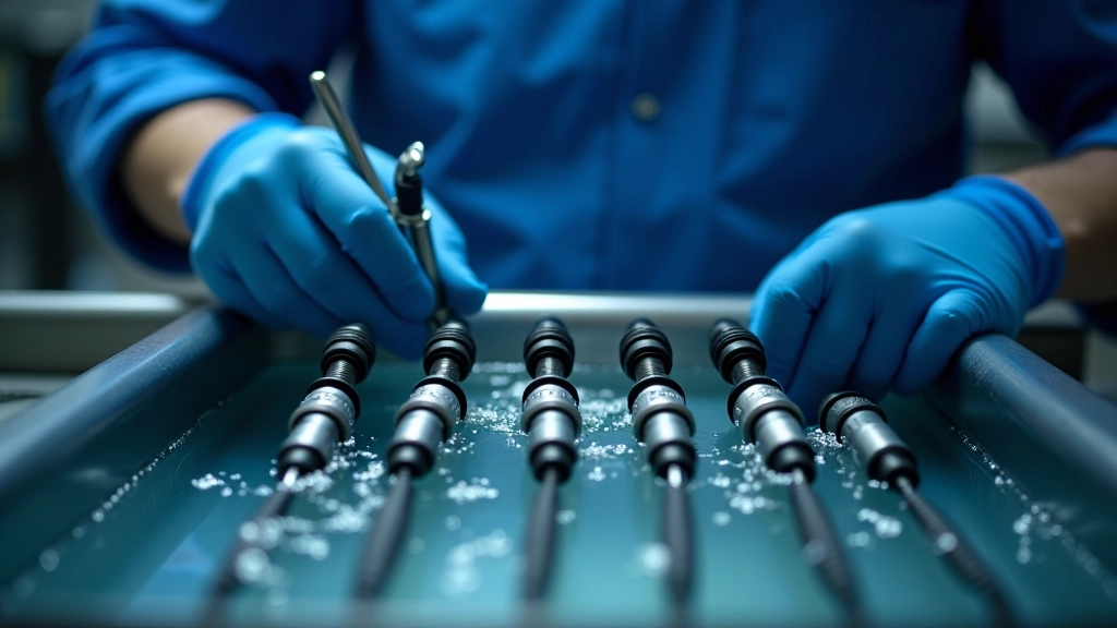Technician examining multiple fuel injectors lined up for ultrasonic cleaning treatment in industrial cleaning bath