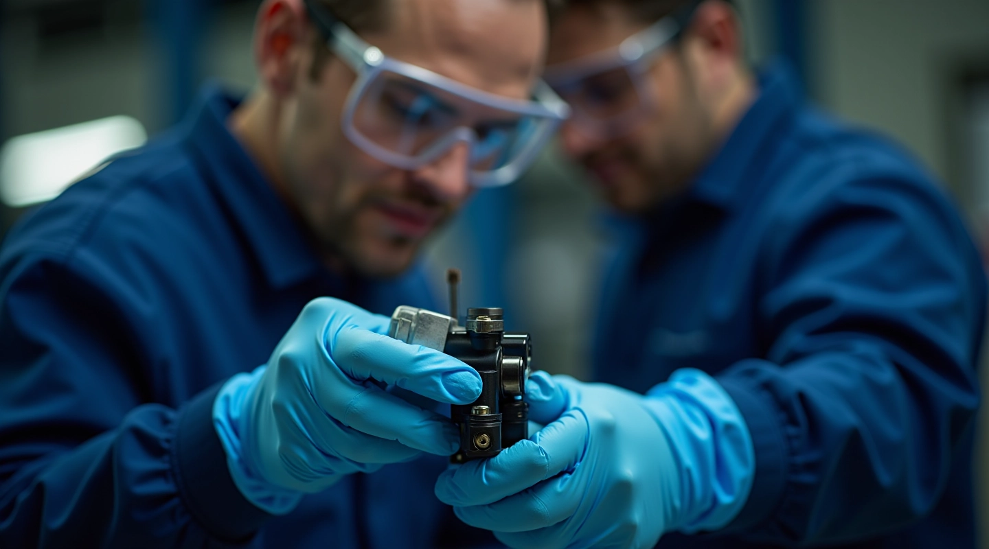 Technician performing ultrasonic fuel injector cleaning with specialized equipment in modern workshop