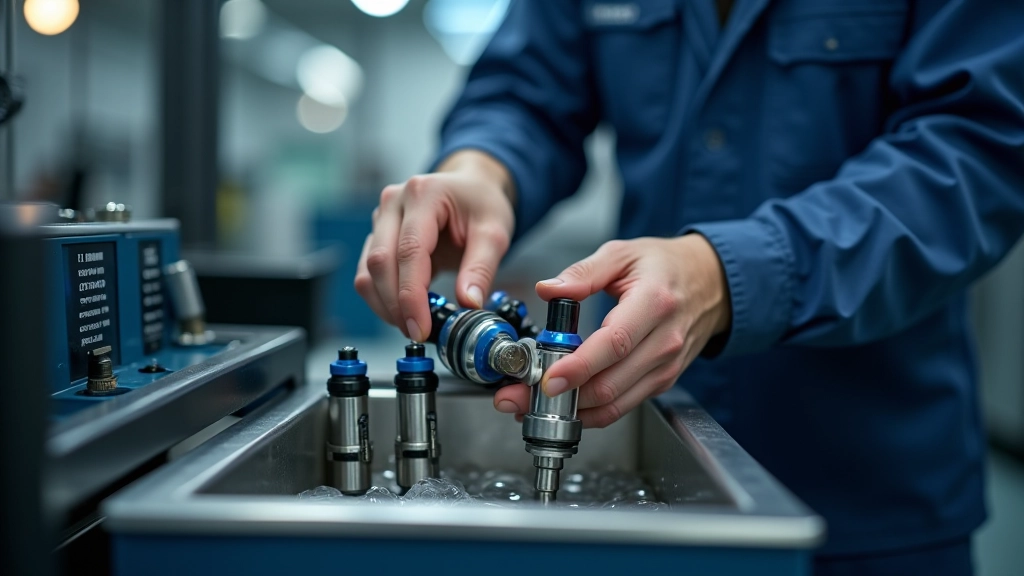 Technician placing fuel injectors into an industrial ultrasonic cleaning machine tank, showing the stainless steel equipment and control panel