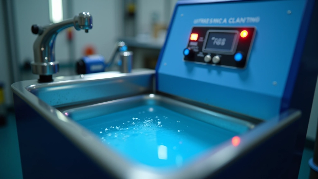 Close-up of an ultrasonic cleaning machine with digital controls and a stainless steel cleaning tank filled with blue cleaning solution